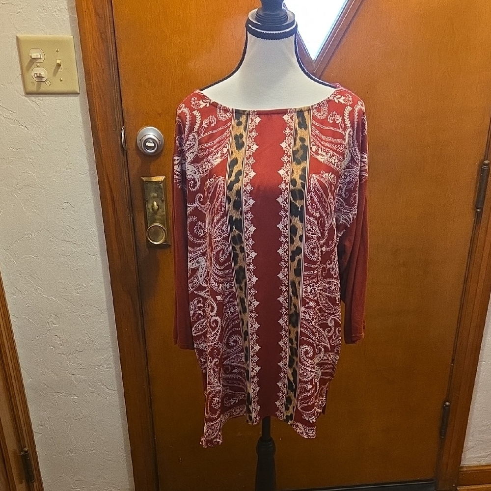 JM Collection Graphic Tunic with 3/4 Sleeves in Orange and Pink - Picture 1 of 2